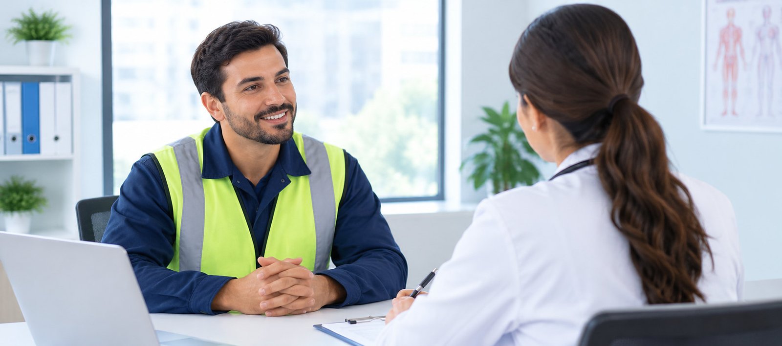 Médica do trabalho em consulta com um trabalhador